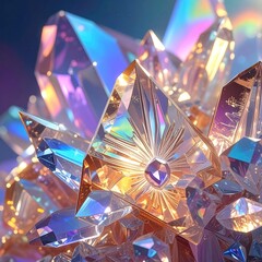 Shimmering crystal cluster with iridescent, prismatic light