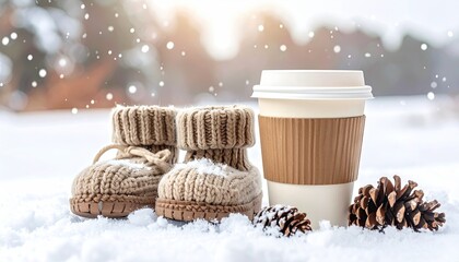 Winter scene booties, coffee, pinecones, snow sparkles