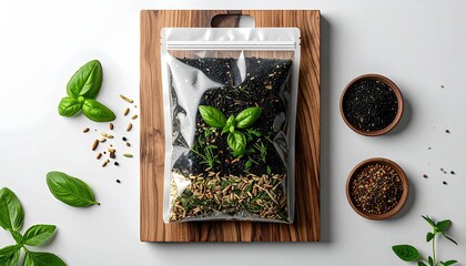Packaged mix w/ basil, spices on wood board, white background