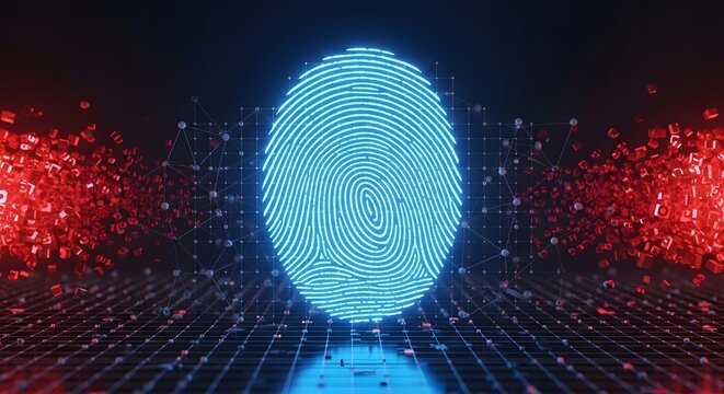 Futuristic digital fingerprint scan for biometric security authentication.