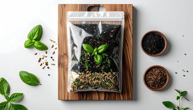 Packaged mix w/ basil, spices on wood board, white background