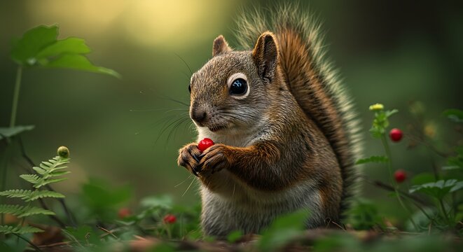 Squirrel eating red berries in lush green environment with sunlight - Powered by Adobe