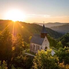 Church atop a hill at sunset