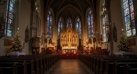 Fototapeta premium Christmas Church Interior with Altar and Festive Decorations