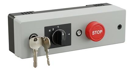 Industrial control panel with red stop button and key switch
