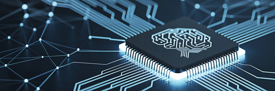 Artificial intelligence brain on a microchip with glowing circuit board connections and neural network