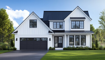 Modern white house with black roof and big garage, set in green yard. Stylish design, perfect for family living, bright and clean.