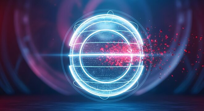 Futuristic glowing blue neon sphere with digital energy core and abstract light effects.
