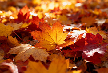 Fototapeta premium Autumn leaves in a warm, sunny forest.