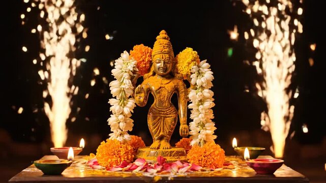 Golden Dhanvantari Statue Adorned with Flowers and Lit Diyas for Dhanteras Celebration with Fireworks