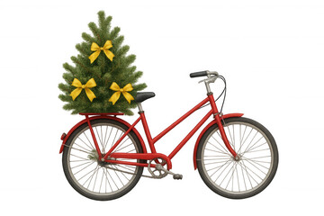 Fototapeta premium Red bicycle delivering christmas tree with golden bows. Holiday festive cycling and presents concept for seasonality