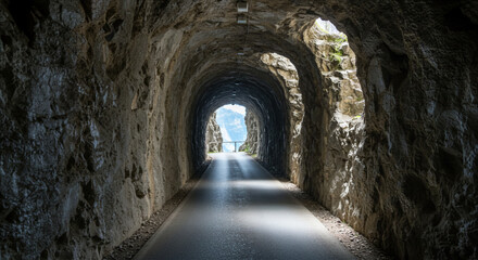 Fototapeta premium Scenic mountain view from rocky cave tunnel with natural sunlight.