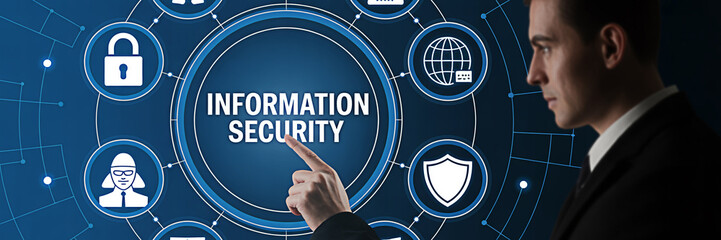 Businessman pointing at information security concept on a digital interface with icons around it