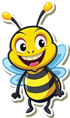 cartoon bee with smile sticker vector on transparent.