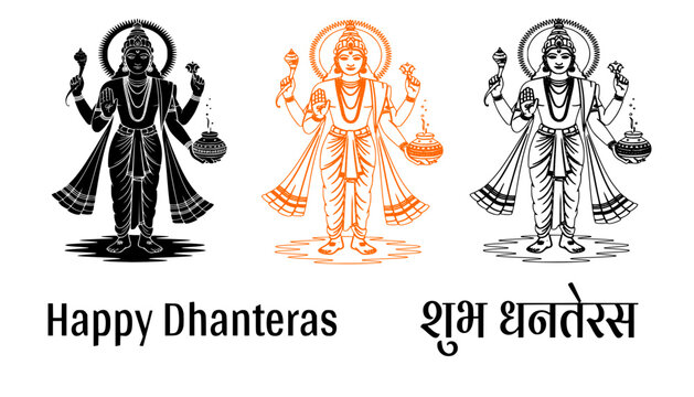 Lord Dhanvantari Silhouette and Line Art Set for Dhanteras: God of Ayurveda, Health, and Wealth, Marking the Start of Diwali