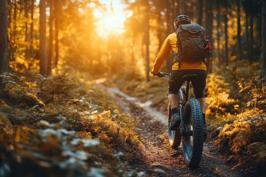 Biker navigating a forest trail at sunset with a backdrop of lush greenery and warm golden light - Powered by Adobe