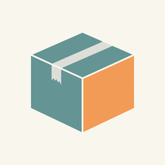 A simple, isometric illustration of a cardboard box with two sides in teal and orange, sealed with white tape.