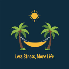 Illustration of a hammock strung between two palm trees under a bright sun, promoting relaxation.