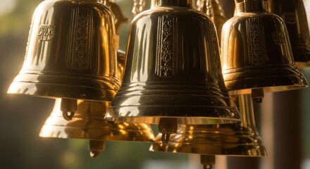 Obraz premium Harmonious resonance glimmering brass bells evoking temple echoes and spiritual transcendence
