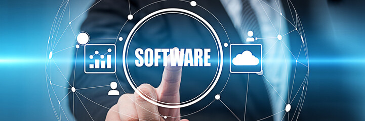 Businessman touching software interface with data analytics and cloud computing icons on blue background