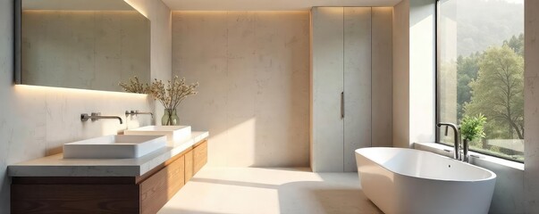 A sleek, modern bathroom with a large mirror reflecting light and minimalist fixtures The design features clean lines and a calming atmosphere, ideal for a spa-like feel , calm, glass, storage