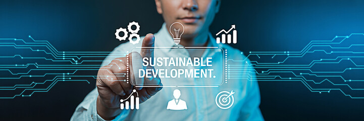 Man touching sustainable development interface with icons in a futuristic technology environment