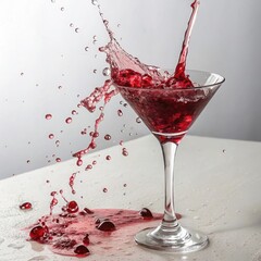 Clear Martini Glass Filled With Deep Red Liquid Overflowing On White Surface Studio Shot