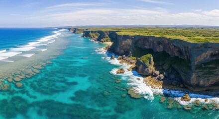 Obraz premium Exquisite coastal panorama revealing pristine turquoise waters meeting rugged cliffs under a