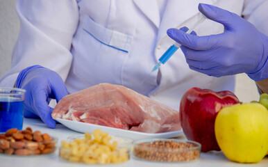 Laboratory research meat analysis. Selective focus
