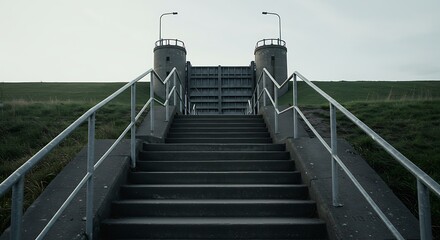 Staircase leading to structure on embankment under overcast sky