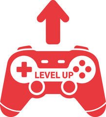 Red game controller with 'LEVEL UP' text and an upward-pointing arrow, symbolizing progress and gaming achievement.