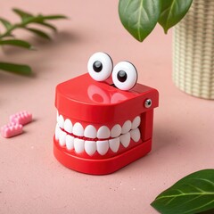 Close Up Studio Shot Of Red Wind Up Toy Teeth With Googly Eyes On Soft Pink Background