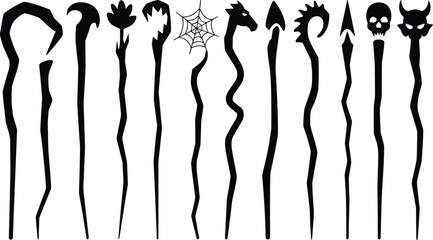 Set of thirteen fantasy staff and wand silhouettes with unique magical designs including claws, flames, skulls, and animal motifs
