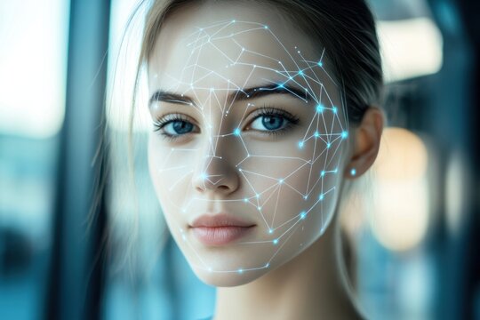 Young woman with facial recognition technology in a modern environment at dusk