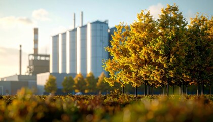 Obraz premium trees in front of industrial building