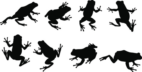 Black frog silhouette collection, jumping frog poses, amphibian animal illustration, wildlife vector design, nature graphic, reptile art, isolated symbol