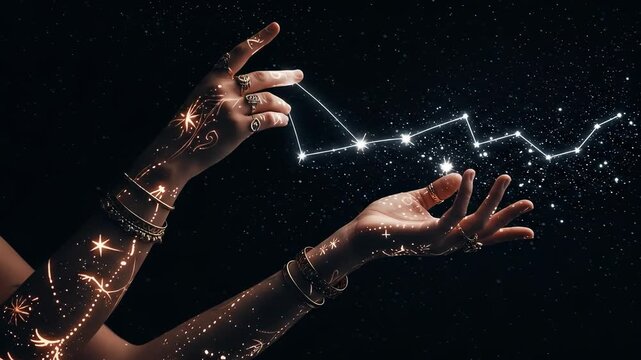 Mystical Connection: Woman's Hands Guiding the Constellation's Path in the Night