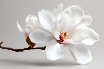 Naklejka premium A beautiful white magnolia flower in full bloom on a delicate branch with a second bud against a simple gray background