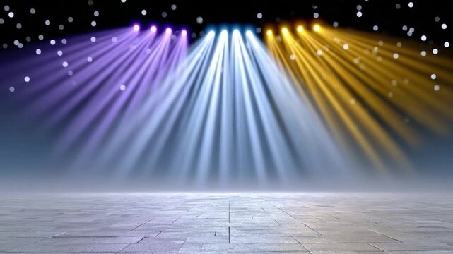 Illuminated Stage: A dazzling display of vibrant beams, casting a spectrum of hues across a smooth, textured surface, suggestive of excitement and performance.