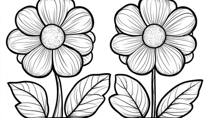 Two simple flowers, line drawing, coloring page, white background, for kids' crafts