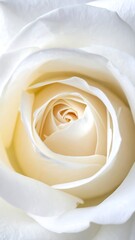 Close-up of a creamy white rose, petals softly unfolding to reveal a delicate center