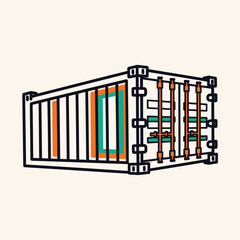 A stylized line art illustration of a metal shipping container with colorful accents, viewed from a three-quarter perspective on a plain background.