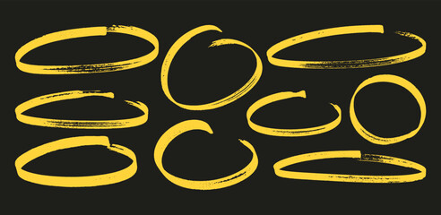 Marker draw yellow frames. Circles, ovals, ellipses highlights with rough sketchy texture. Minimal brush icon strokes for notes.