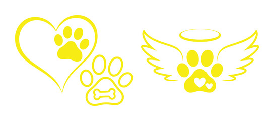 Yellow Paw Print Icons Heart, Bone, and Angel Wings