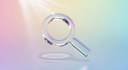 Iridescent search: A crystal-clear magnifying glass reflects rainbow lights in minimalist design