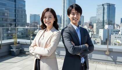 高層ビルを背景に微笑む男女のポートレート
