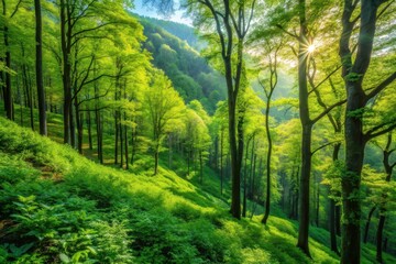 Obraz premium Sunlit Spring Forest on Verdant Slope, Lush Green Canopy, Sunlight Through Trees