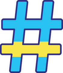 Hashtag symbol with the colors of the Ukrainian flag, blue and yellow, representing support for Ukraine.