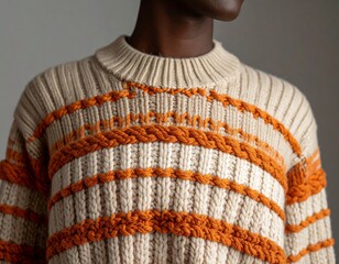 Close-up of a cream-colored sweater with orange stripes