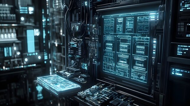 Futuristic Server Room with Holographic Interface